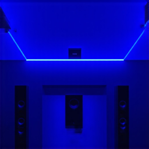 Modern home theater with Dolby Atmos speakers and wireless subwoofer