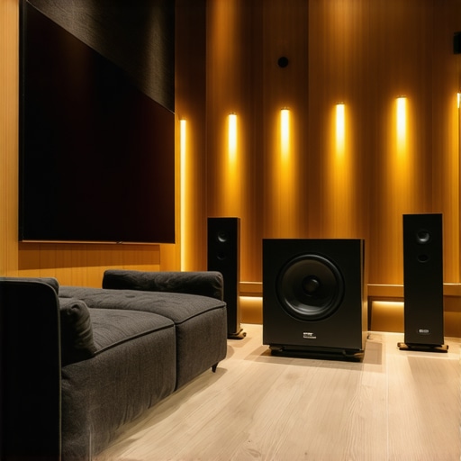 Modern home theater room with Dolby Atmos speakers and acoustic treatments