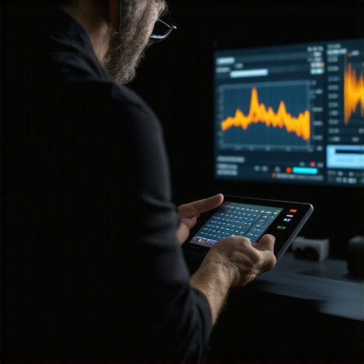 Technician calibrating home theater sound system using measurement microphone and software