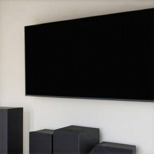 Modern living room with surround sound system, wireless subwoofer, and Dolby Atmos speakers