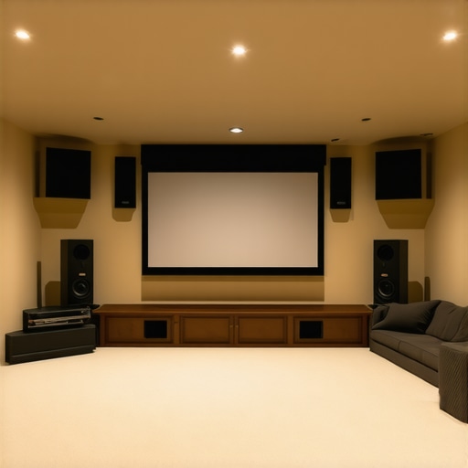 A sophisticated home theater room showcasing acoustic diffusers, bass traps, and calibration devices for optimal sound quality.