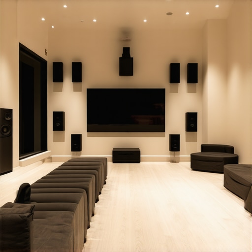 A sleek home theater setup with Dolby Atmos speakers and acoustic panels