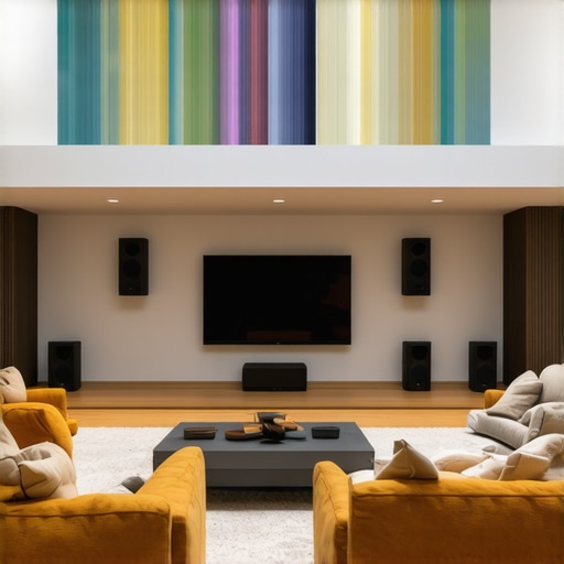Living room with calibration microphone, acoustic panels, and sleek soundbar