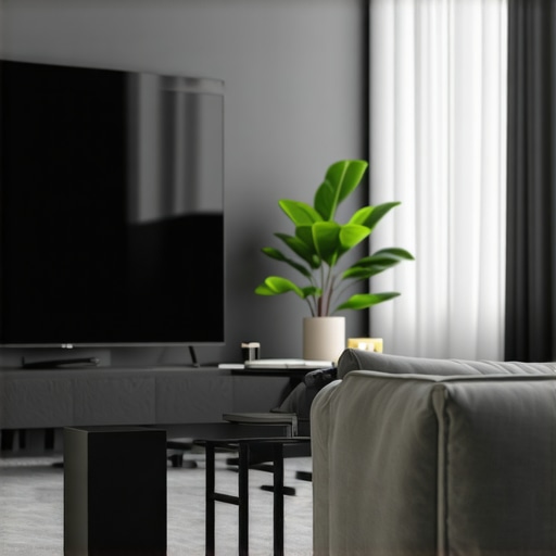 Modern living room with Dolby Atmos soundbar, wireless subwoofer, and acoustic panels for immersive audio.