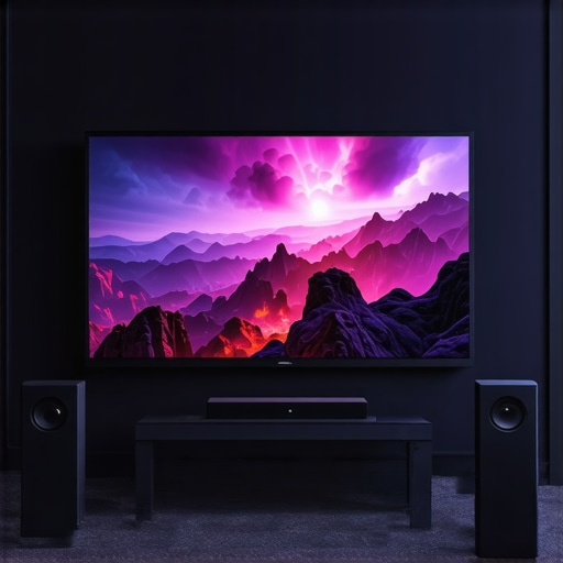 A sleek home theater with soundbar, subwoofer, and acoustic panels