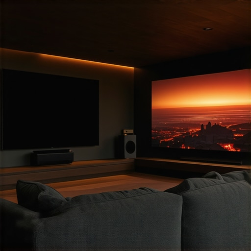 Home theater setup featuring Dolby Atmos soundbar and wireless subwoofer in a stylish living room