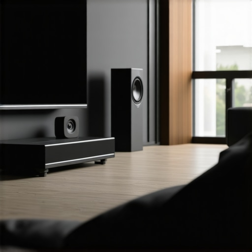 Living room with Dolby Atmos soundbar, wireless subwoofer, and acoustic treatments for immersive sound.