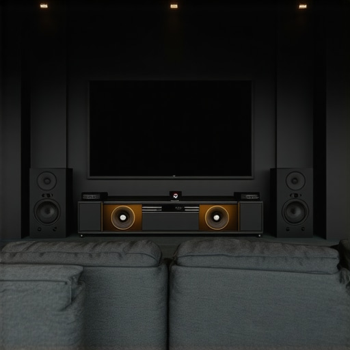 Modern living room with Dolby Atmos speakers and acoustic treatments.