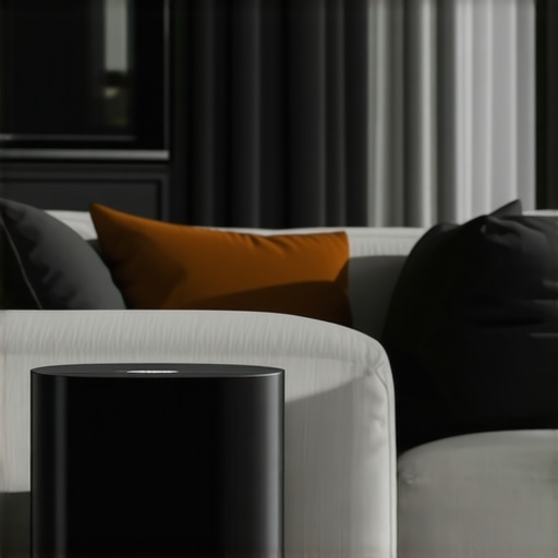 A stylish living room showing the optimal placement of a wireless subwoofer near the corner for best acoustics