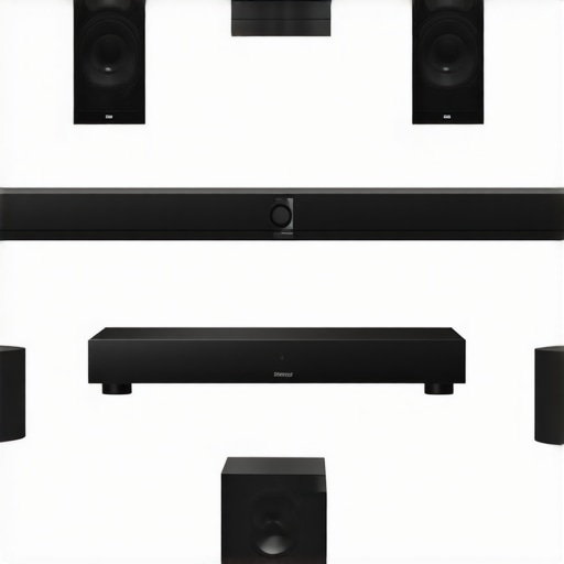 Modern home theater with Dolby Atmos soundbar and wireless subwoofer