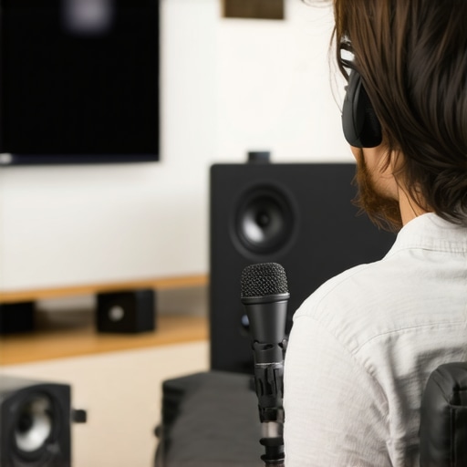 Person adjusting home theater audio with calibration tools in a living room