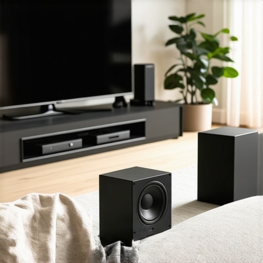 A sleek Dolby Atmos soundbar with wireless subwoofer and TV in a stylish living room