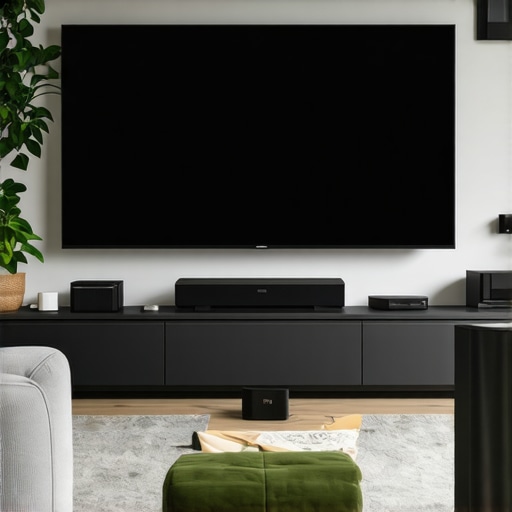 Modern home theater with Dolby Atmos soundbar and wireless subwoofer in living room.