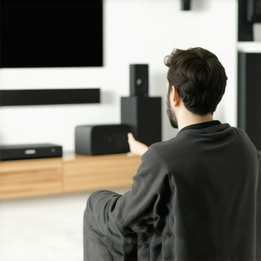 Person installing a Dolby Atmos soundbar and wireless subwoofer in a stylish living room.