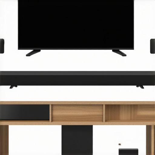 A living room with a soundbar and subwoofer setup for immersive audio experience.