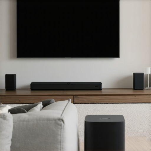 Modern home theater with sleek soundbar and wireless subwoofer setup