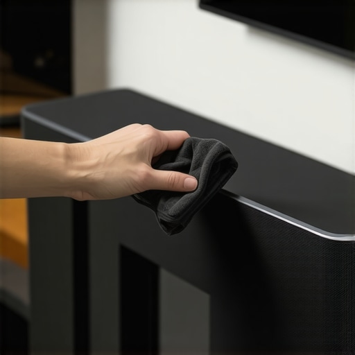 Person cleaning a Dolby Atmos soundbar with microfiber cloth in a home theater setting.