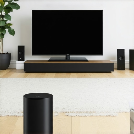 Living room with Dolby Atmos soundbar and wireless subwoofer setup for immersive home theater