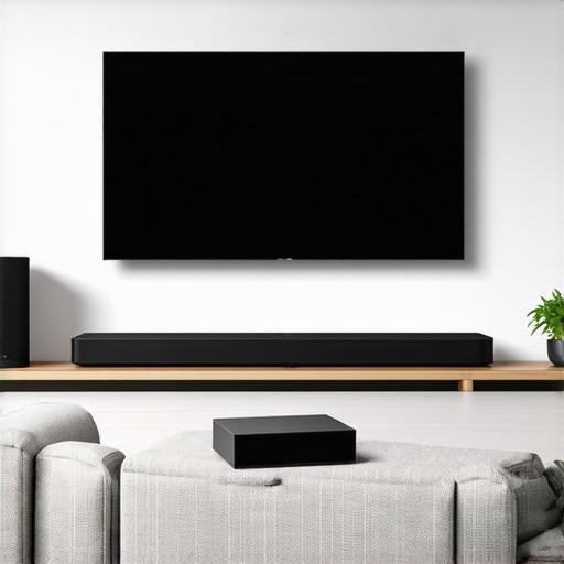 Living room setup with a sleek surround soundbar and wireless subwoofer, no visible cables