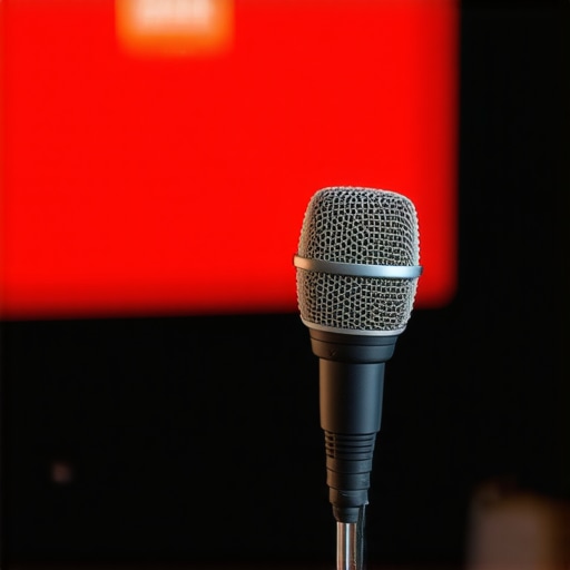 Close-up of a professional calibration microphone measuring surround sound in a home theater setup.