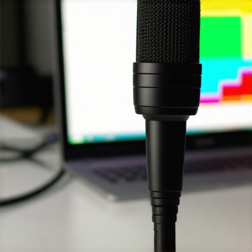 Measurement microphone connected to laptop analyzing room acoustics for optimal sound.