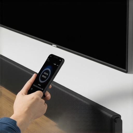 A technician cleaning a home theater soundbar with compressed air and managing software updates on a smartphone