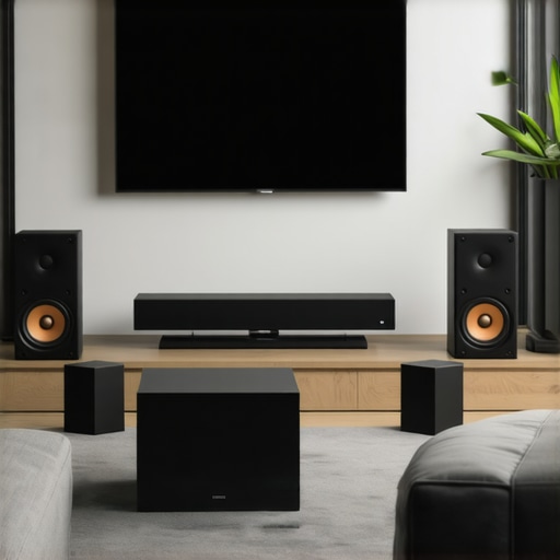 A contemporary living room showcasing an ideal setup for immersive audio with a soundbar, wireless subwoofer, and surround speakers.