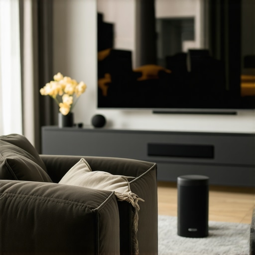 A sleek Dolby Atmos soundbar positioned under a 4K TV with a wireless subwoofer nearby in a well-lit living room