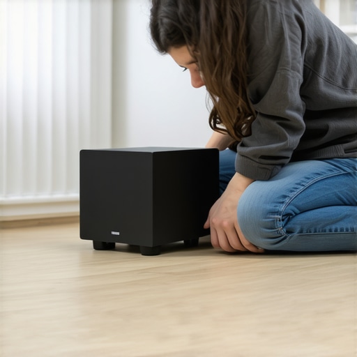 Person positioning a wireless subwoofer in the corner of a small living room for better bass