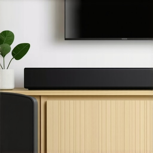 Modern living room with a high-end Dolby Atmos soundbar and wireless subwoofer