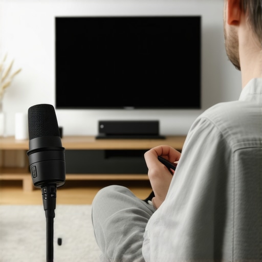 Person using calibration microphone to optimize home theater sound quality