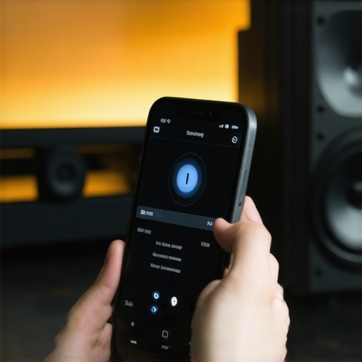 Person adjusting sound settings on a smartphone near a modern soundbar and wireless subwoofer