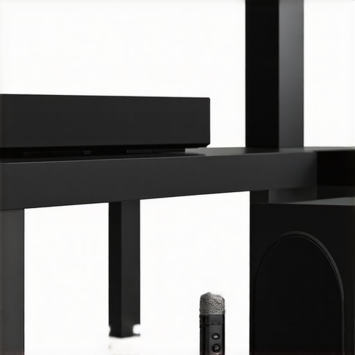 Technician calibrating a home theater system with microphone