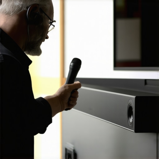 Technician adjusting a Dolby Atmos soundbar using calibration tools