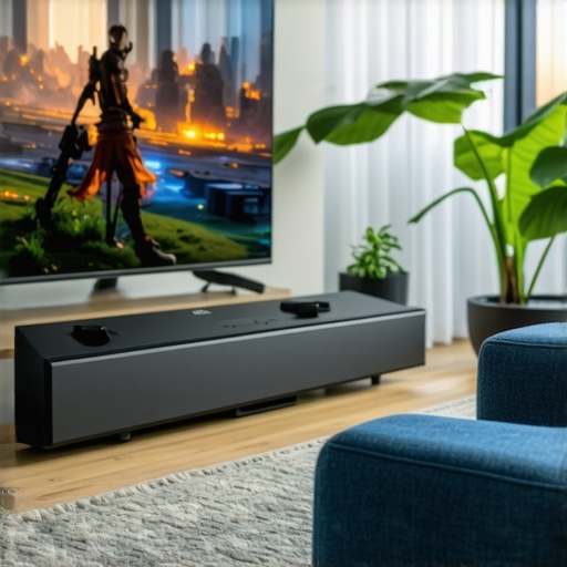 A gaming setup showing a Dolby Atmos soundbar connected to a TV with a wireless subwoofer
