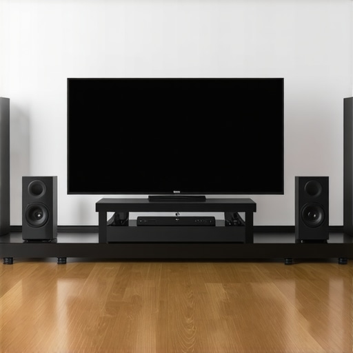 Luxury home theater with Dolby Atmos soundbar, ceiling speakers, and subwoofer with room calibration tools