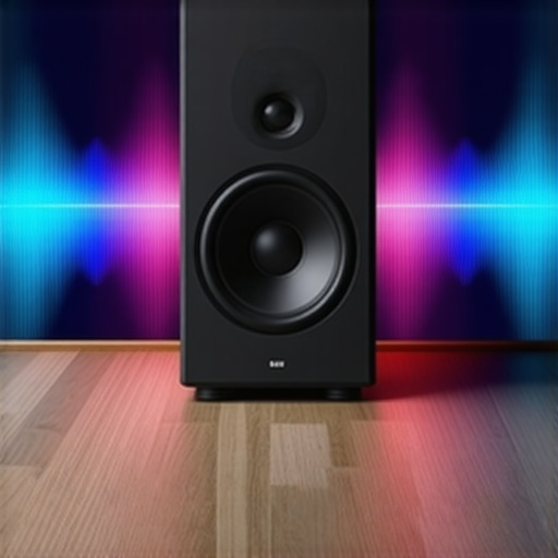 Illustration of a wireless subwoofer positioned centrally in a room for best bass response.