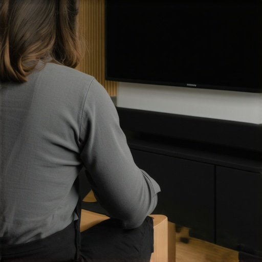 Person positioning a soundbar beneath a TV in a well-decorated living room