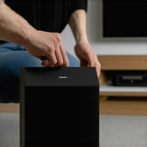 Person repositioning wireless subwoofer and adjusting Wi-Fi router to improve signal stability