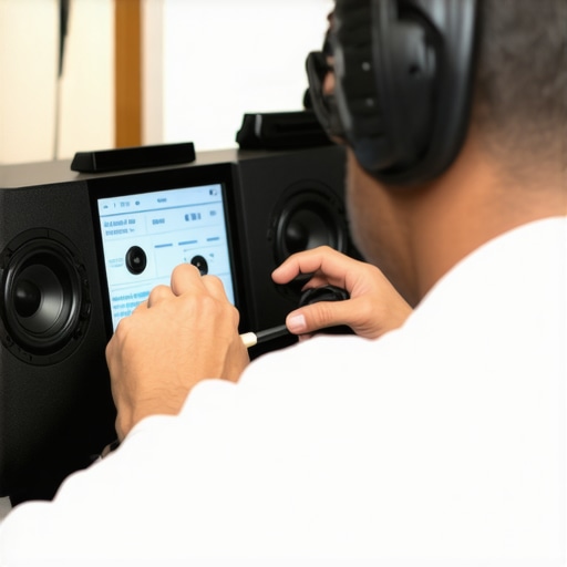 Technician adjusting surround sound speakers with a calibration microphone in a dimly lit living room
