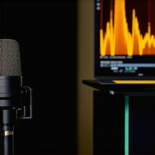 A person calibrating their home theater sound system with a microphone and software.