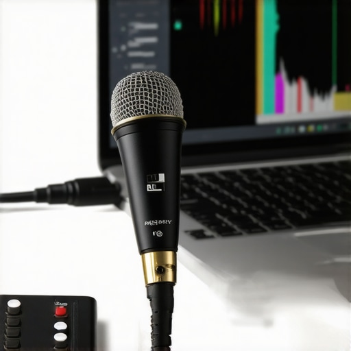 A measurement microphone connected to a laptop running room calibration software for audio tuning.