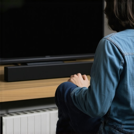Person positioning a Dolby Atmos soundbar and wireless subwoofer for optimal sound experience