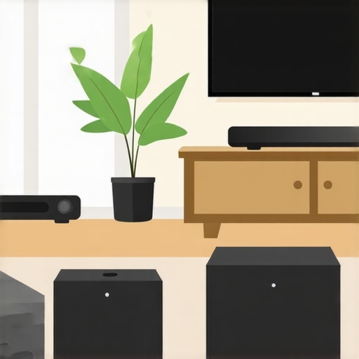 Compact living room with soundbar, wireless subwoofer, and TV arranged for optimal surround sound in a small space