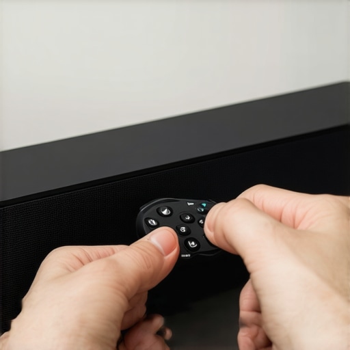 Person using remote control to fine-tune soundbar audio sync for gaming.