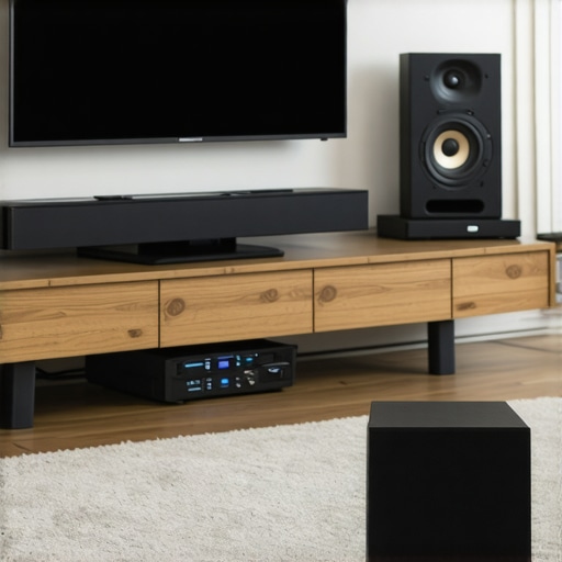 Living room with wireless subwoofer placed along the wall for optimal sound performance.