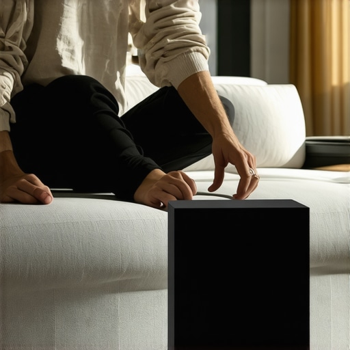 Person positioning wireless subwoofer at room center to enhance sound quality