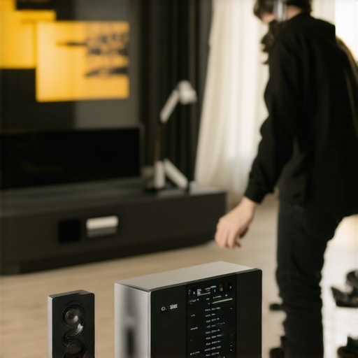 Person using a Bluetooth audio analyzer to calibrate a home theater system