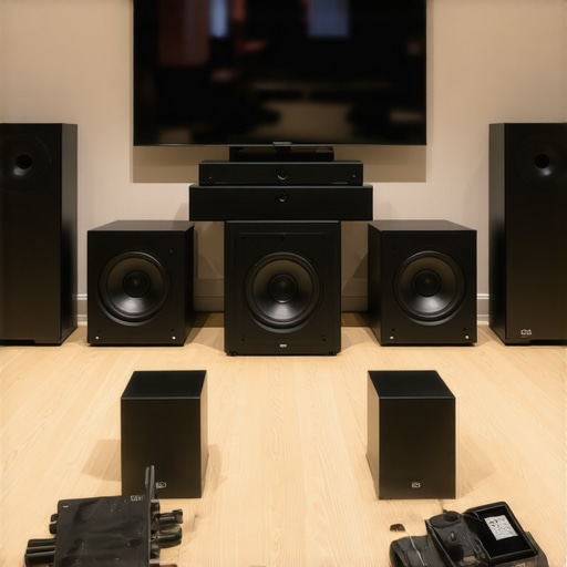 Person calibrating a surround sound system in a modern living room