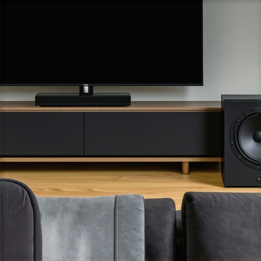 Living room showcasing a slim Dolby Atmos soundbar and wireless subwoofer enhancing home entertainment.